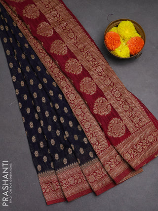 Banarasi semi crepe saree navy blue and maroon with allover woven buttas and woven border