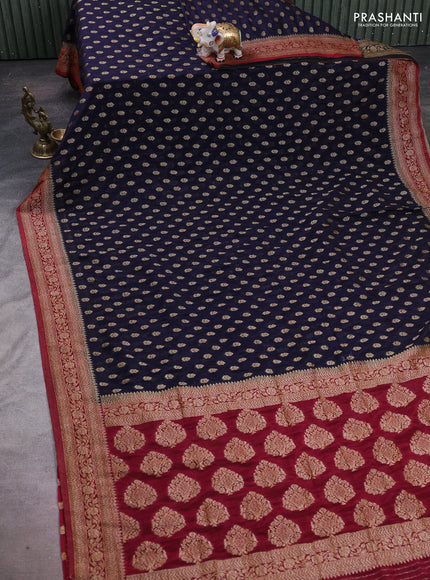 Banarasi semi crepe saree navy blue and maroon with allover woven buttas and woven border