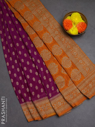 Banarasi semi crepe saree purple and dark mustard with allover woven buttas and woven border