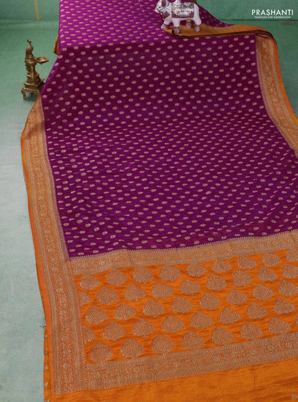 Banarasi semi crepe saree purple and dark mustard with allover woven buttas and woven border