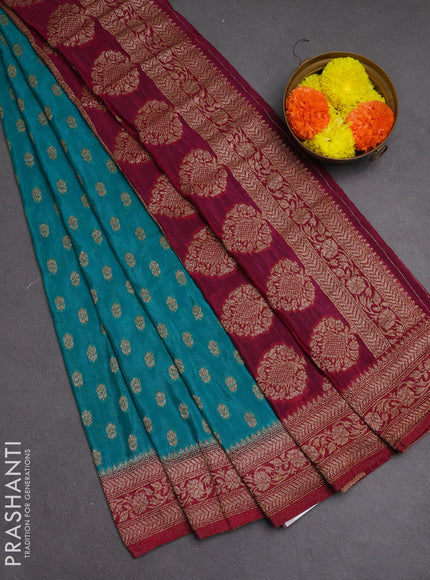 Banarasi semi crepe saree teal blue and maroon with allover woven buttas and woven border