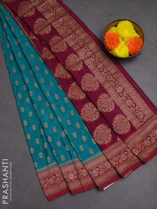 Banarasi semi crepe saree teal blue and maroon with allover woven buttas and woven border