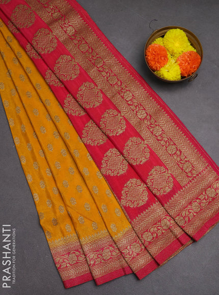 Banarasi semi crepe saree mango yellow and pink with allover woven buttas and woven border