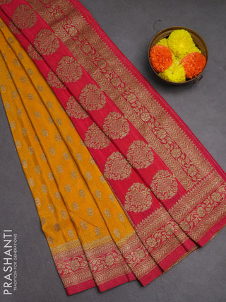 Banarasi semi crepe saree mango yellow and pink with allover woven buttas and woven border
