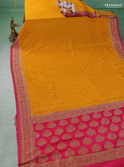 Banarasi semi crepe saree mango yellow and pink with allover woven buttas and woven border