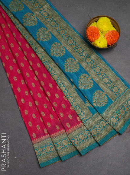 Banarasi semi crepe saree pink and teal blue with allover woven buttas and woven border