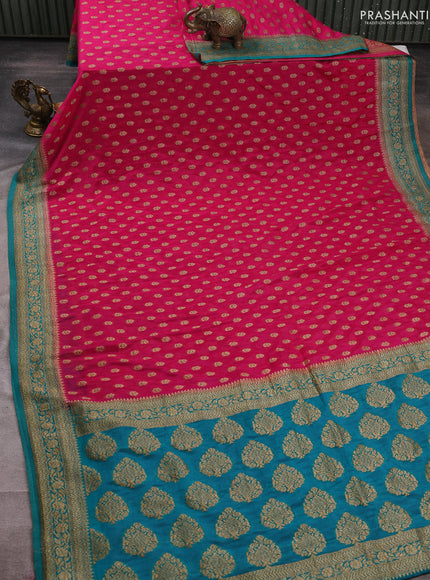 Banarasi semi crepe saree pink and teal blue with allover woven buttas and woven border