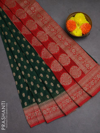 Banarasi semi crepe saree green and red with allover woven buttas and woven border