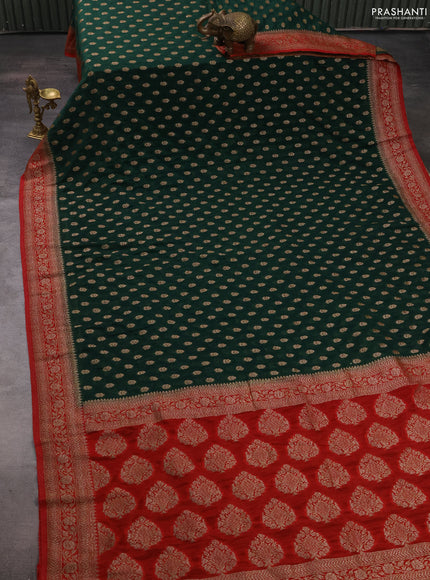Banarasi semi crepe saree green and red with allover woven buttas and woven border