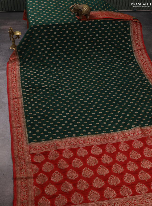 Banarasi semi crepe saree green and red with allover woven buttas and woven border