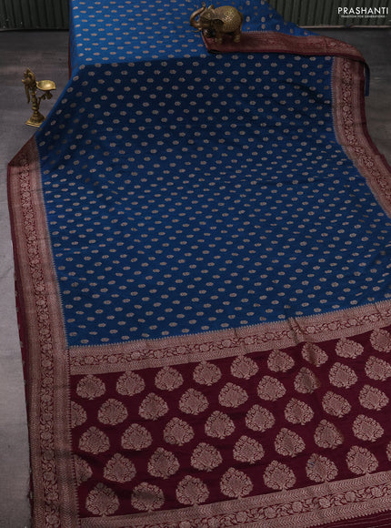 Banarasi semi crepe saree peacock blue and wine shade with allover woven buttas and woven border