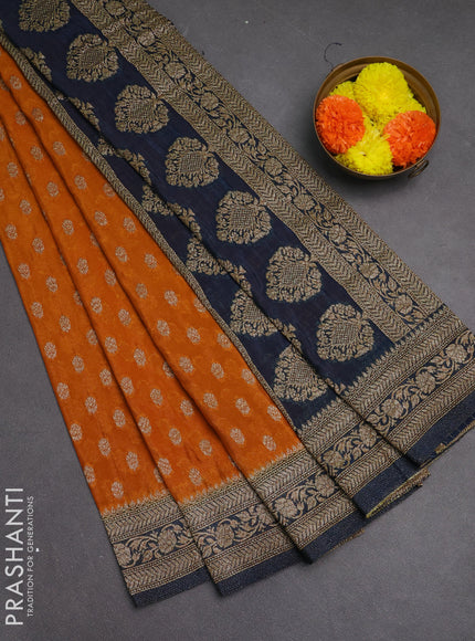 Banarasi semi crepe saree orange and peacock blue with allover woven buttas and woven border