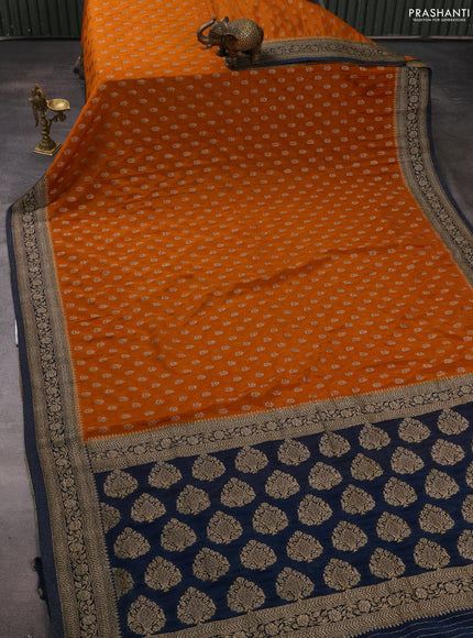 Banarasi semi crepe saree orange and peacock blue with allover woven buttas and woven border