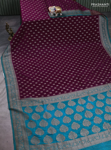 Banarasi semi crepe saree purple and teal blue with allover woven buttas and woven border