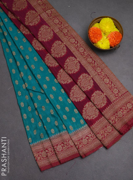 Banarasi semi crepe saree teal blue and dark magenta pink with allover woven buttas and woven border