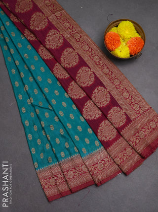 Banarasi semi crepe saree teal blue and dark magenta pink with allover woven buttas and woven border