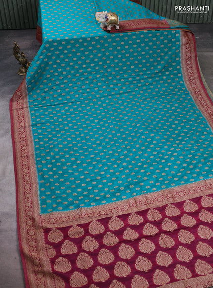 Banarasi semi crepe saree teal blue and dark magenta pink with allover woven buttas and woven border
