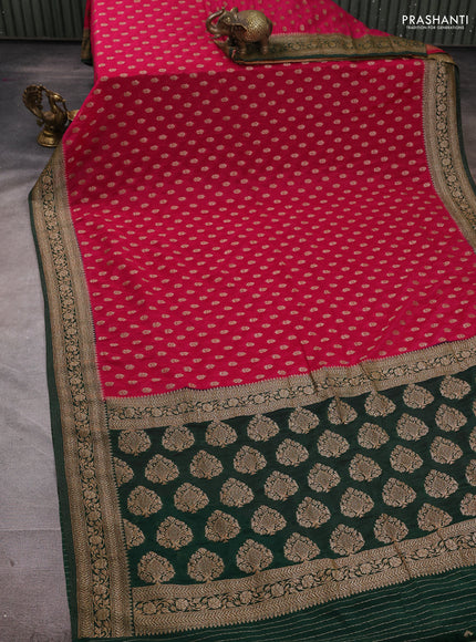Banarasi semi crepe saree pink and dark green with allover woven buttas and woven border