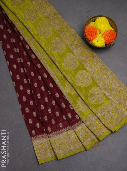 Banarasi semi crepe saree maroon and light green with allover woven buttas and woven border