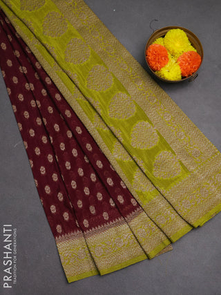 Banarasi semi crepe saree maroon and light green with allover woven buttas and woven border