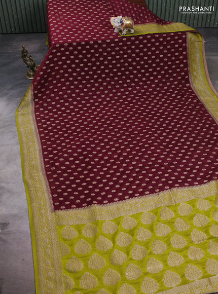 Banarasi semi crepe saree maroon and light green with allover woven buttas and woven border