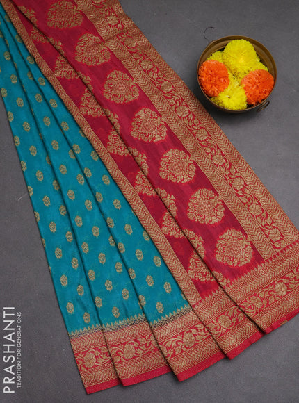 Banarasi semi crepe saree teal blue and dark pink with allover woven buttas and woven border
