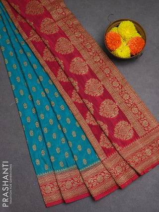 Banarasi semi crepe saree teal blue and dark pink with allover woven buttas and woven border