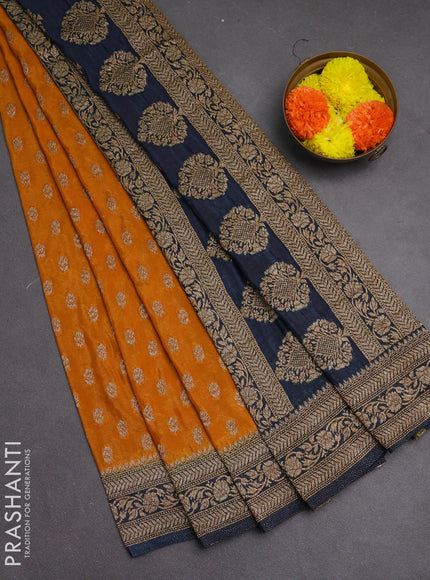 Banarasi semi crepe saree mango yellow and peacock blue with allover woven buttas and woven border
