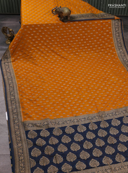 Banarasi semi crepe saree mango yellow and peacock blue with allover woven buttas and woven border
