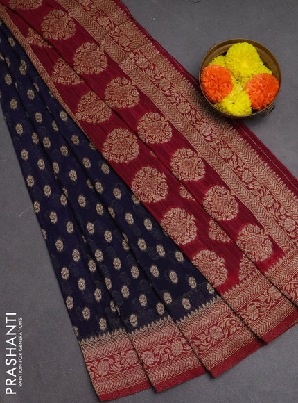 Banarasi semi crepe saree navy blue and maroon with allover woven buttas and woven border