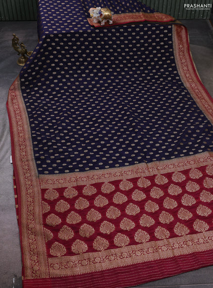 Banarasi semi crepe saree navy blue and maroon with allover woven buttas and woven border