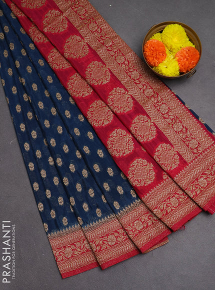 Banarasi semi crepe saree peacock blue and pink with allover woven buttas and woven border