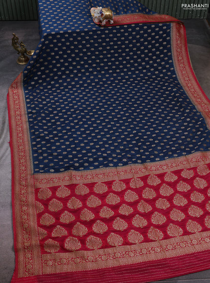 Banarasi semi crepe saree peacock blue and pink with allover woven buttas and woven border