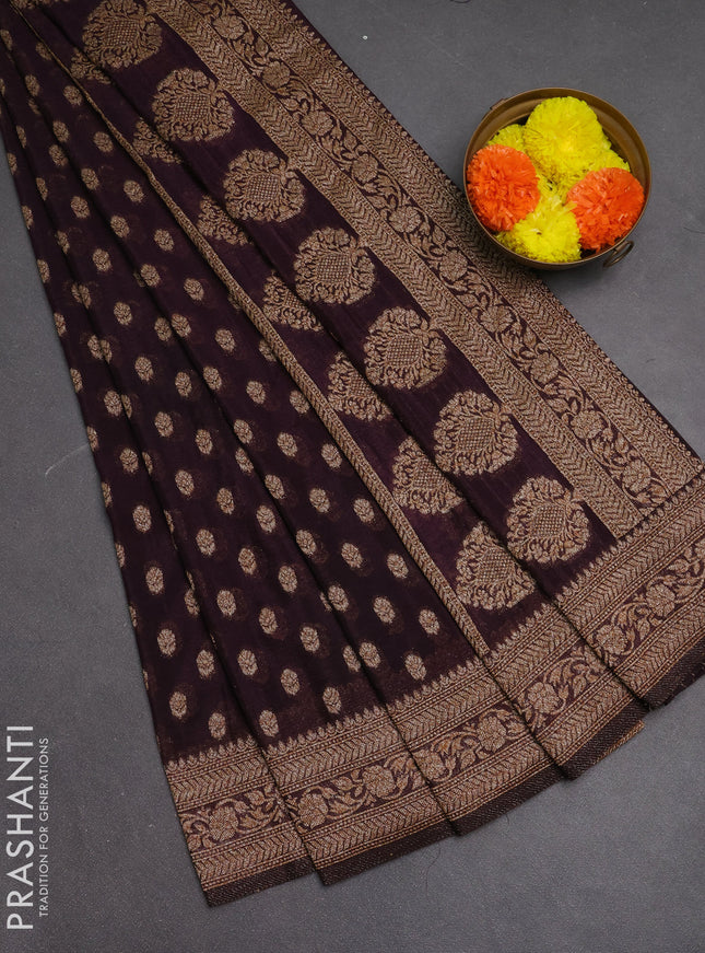 Banarasi semi crepe saree deep wine with allover woven buttas and woven border