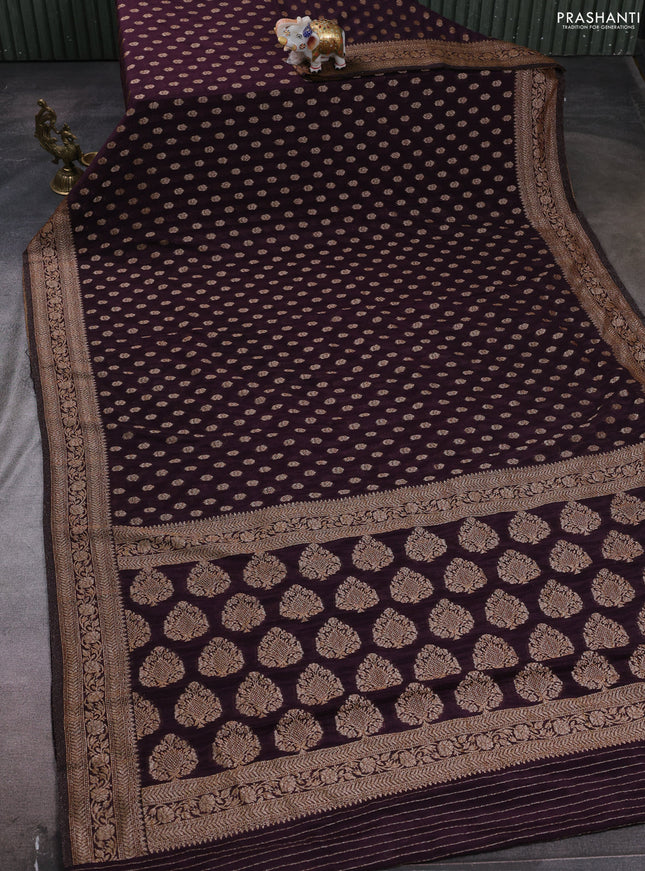 Banarasi semi crepe saree deep wine with allover woven buttas and woven border