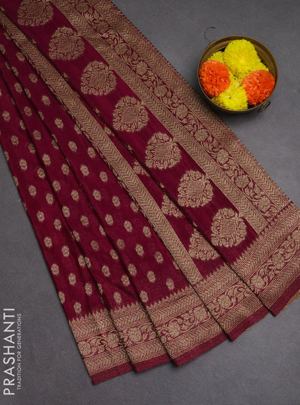Banarasi semi crepe saree wine shade with allover woven buttas and woven border