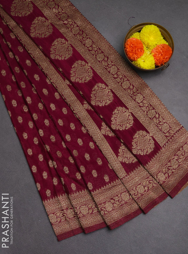 Banarasi semi crepe saree wine shade with allover woven buttas and woven border