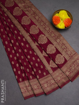 Banarasi semi crepe saree wine shade with allover woven buttas and woven border