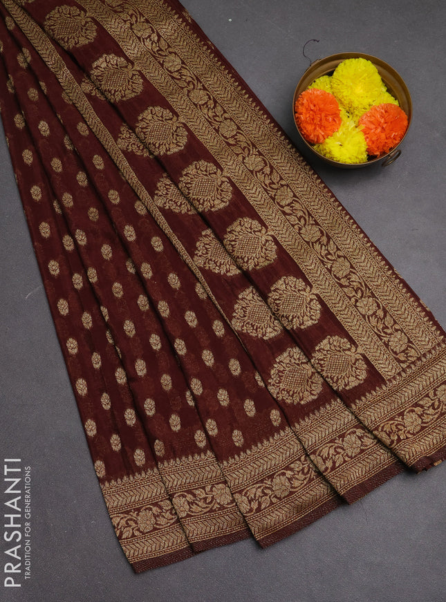 Banarasi semi crepe saree coffee brown with allover woven buttas and woven border