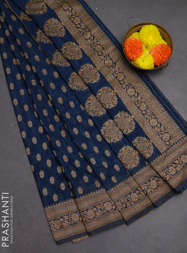 Banarasi semi crepe saree peacock blue with allover woven buttas and woven border