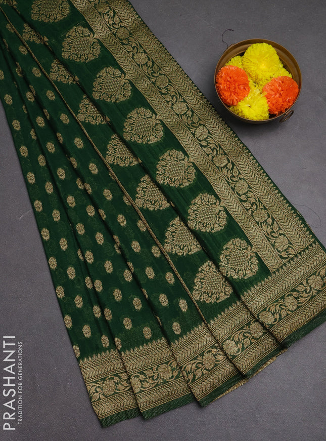Banarasi semi crepe saree green with allover woven buttas and woven border