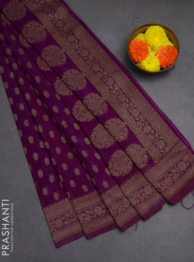 Banarasi semi crepe saree purple with allover woven buttas and woven border