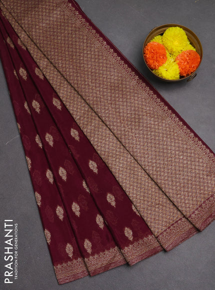 Banarasi semi crepe saree wine shade with allover woven buttas and woven border