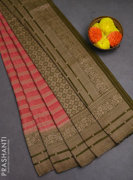Banarasi semi crepe saree peach shade and mehendi green with allover thread & zari weaves and woven border