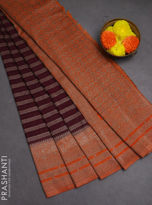 Banarasi semi crepe saree deep wine and orange with allover thread & zari weaves and woven border