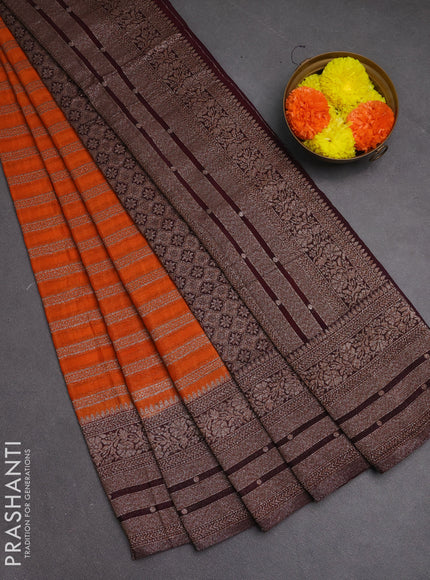 Banarasi semi crepe saree orange and deep wine with allover thread & zari weaves and woven border