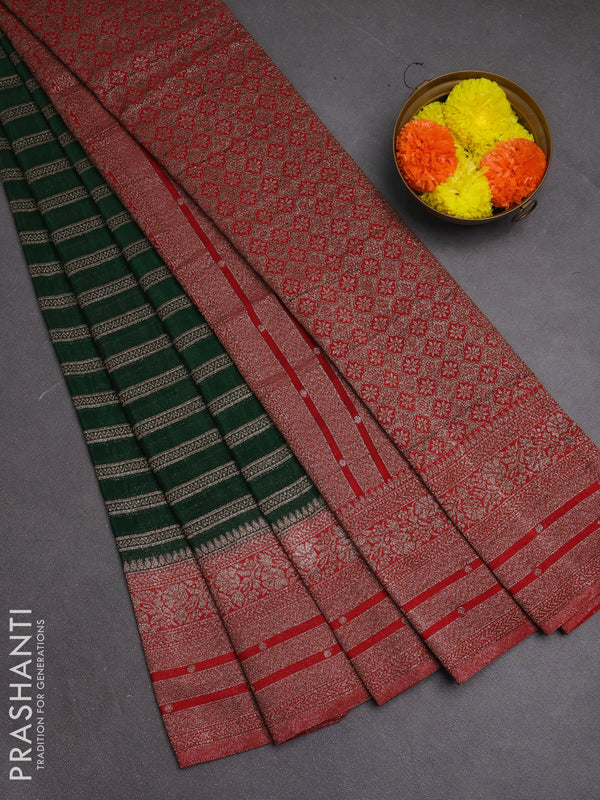 Banarasi semi crepe saree green and red with allover thread & zari weaves and woven border