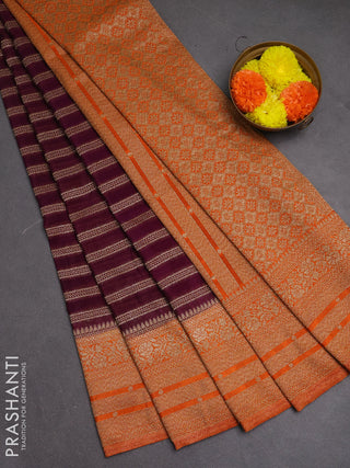 Banarasi semi crepe saree deep purple and orange with allover thread & zari weaves and woven border