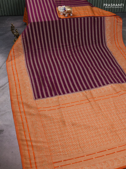 Banarasi semi crepe saree deep purple and orange with allover thread & zari weaves and woven border