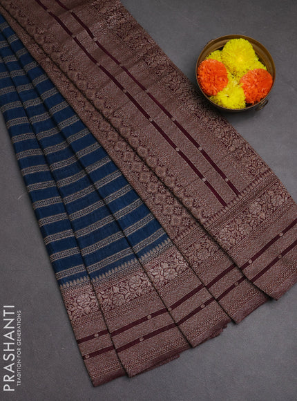 Banarasi semi crepe saree cs blue and deep wine with allover thread & zari weaves and woven border